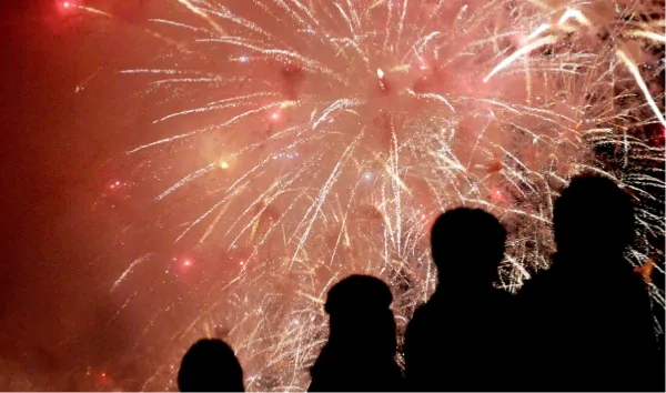 お揃いのシャツで花火を見る写真